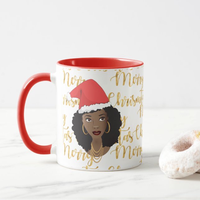 Gold Merry Christmas, Black Woman, Red Santa Hat Mug (With Donut)