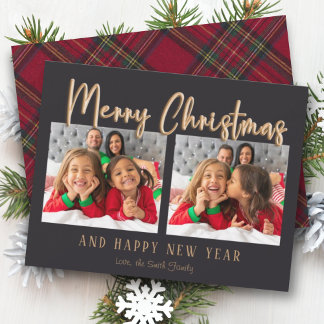 Gold Merry Christmas Bubble Letters Plaid Photo Holiday Card