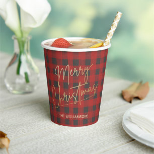 Gold Merry Christmas Buffalo Check Personalised Paper Cups