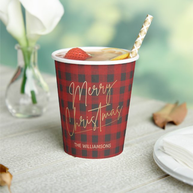 Gold Merry Christmas Buffalo Check Personalised Paper Cups (Insitu)