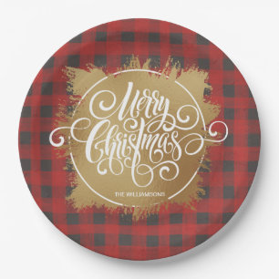 Gold Merry Christmas Buffalo Plaid Paper Plate