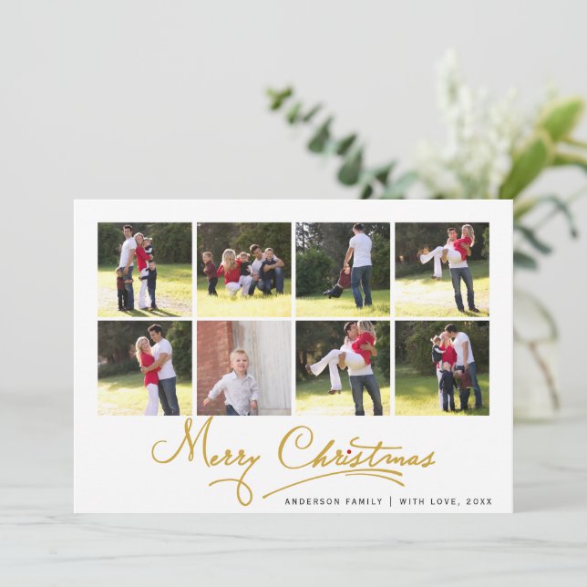 Gold Merry Christmas calligraphy photo collage Holiday Card (Standing Front)