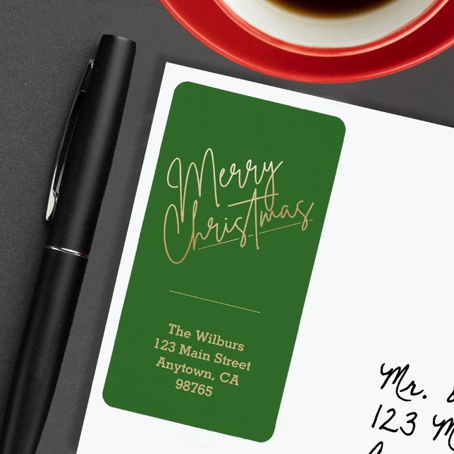 Gold Merry Christmas Christmas Return Address` Label (Gold Merry Christmas on Green Return Address Labels)