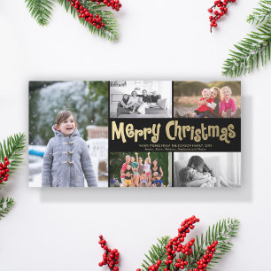 Gold Merry Christmas Collage 5 Photo Card Black