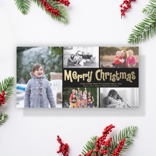 Gold Merry Christmas Collage 5 Photo Card Black (Creator Uploaded)