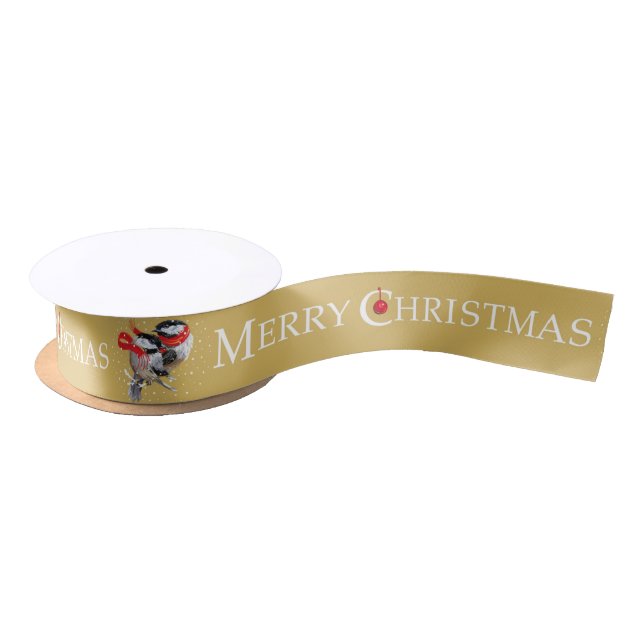 Gold Merry Christmas Cuddling Chickadees Couple Satin Ribbon (Spool)