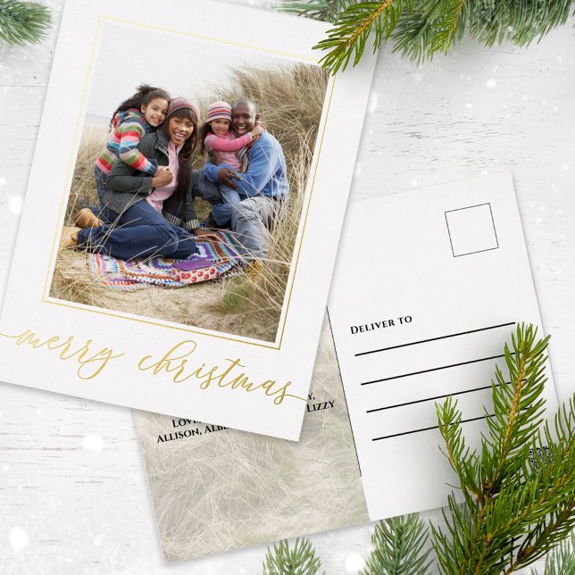 Gold Merry Christmas Elegant Calligraphy Script Foil Holiday Postcard (Gold foil stylish calligraphy and block lettering style photo postcard with a white background.)