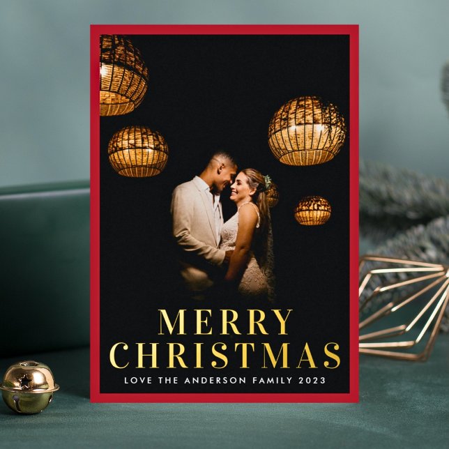 Gold Merry Christmas Elegant Red Frame Photo Foil Holiday Card (Creator Uploaded)