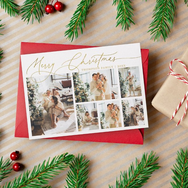 Gold Merry Christmas Elegant Script Photo Collage Holiday Card (Creator Uploaded)