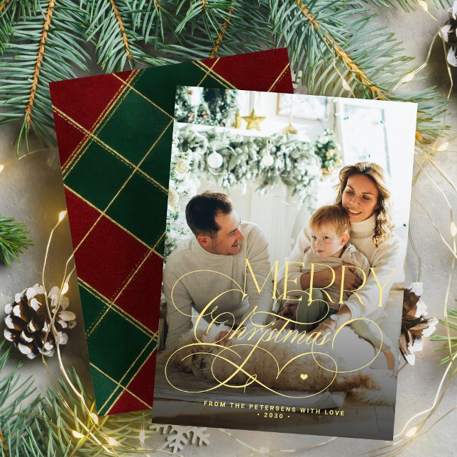 Gold Merry Christmas family photo elegant plaid  Holiday Card (Creator Uploaded)