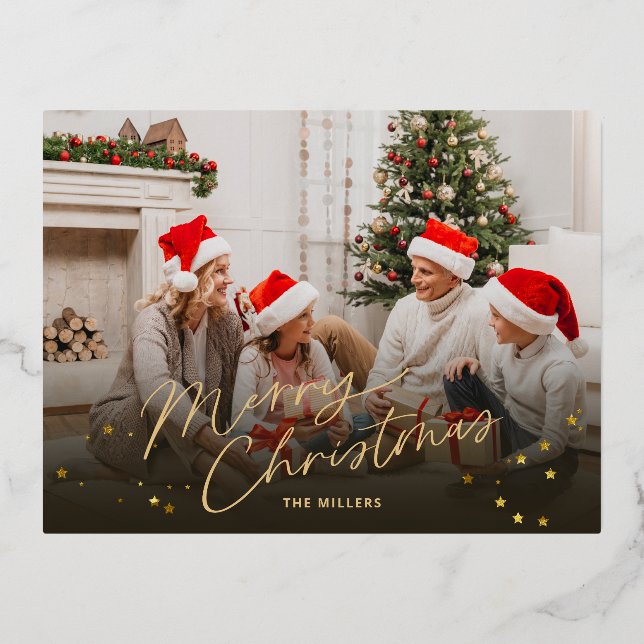 Gold Merry Christmas Family Photo holiday card (Front)