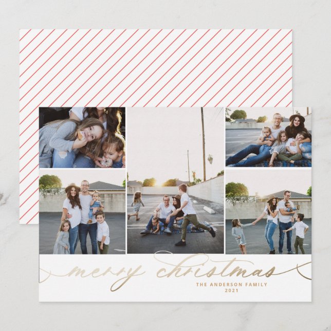 Gold Merry Christmas Five 5 Photo Pictures Card (Front/Back)