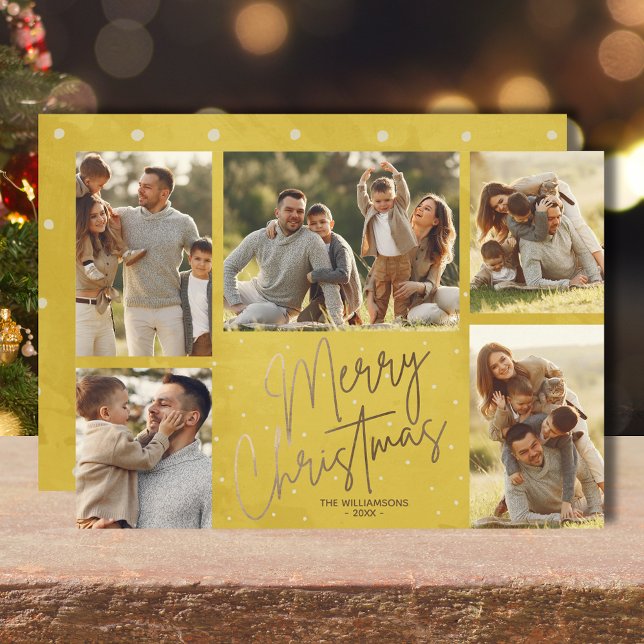 Gold Merry Christmas Five Photos Holiday Card (Gold faux foil Merry Christmas five photos flat gold holiday cards with your greeting on the back)