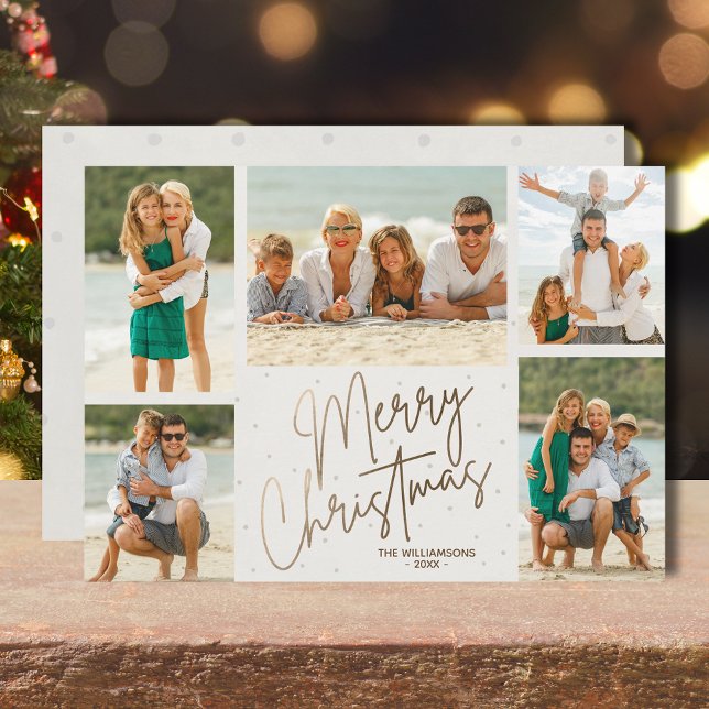 Gold Merry Christmas Five Photos Holiday Card (Gold faux foil Merry Christmas five photos flat holiday cards with your greeting on the back)