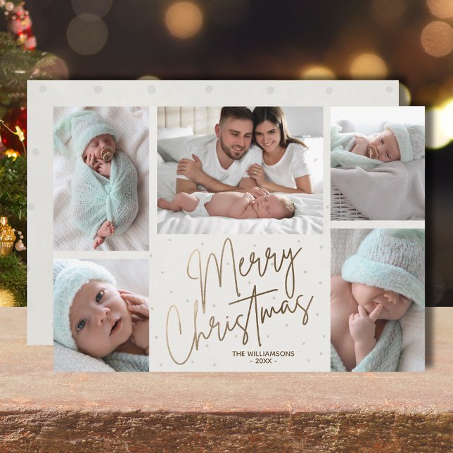 Gold Merry Christmas Five Photos Holiday Card (Gold faux foil Merry Christmas five photos flat holiday cards with your greeting on the back)