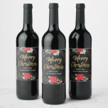 Gold Merry Christmas Floral Wine Label Chalkboard<br><div class="desc">Perfect personalised wine labels for celebrating Christmas party or holiday hostess gifts. Chalkboard background and gold script Merry Christmas with floral element winter holidays.</div>