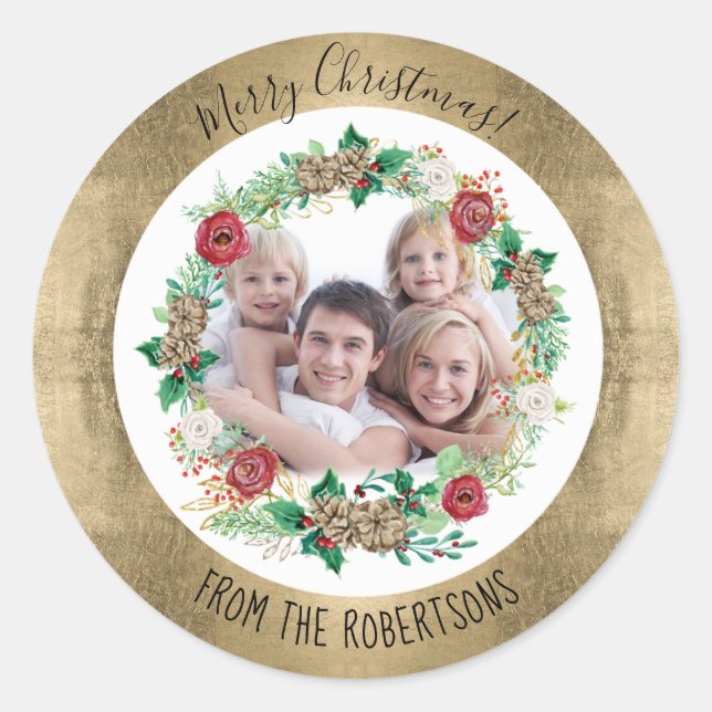 Gold Merry Christmas Floral Wreath Family Photo Classic Round Sticker (Front)