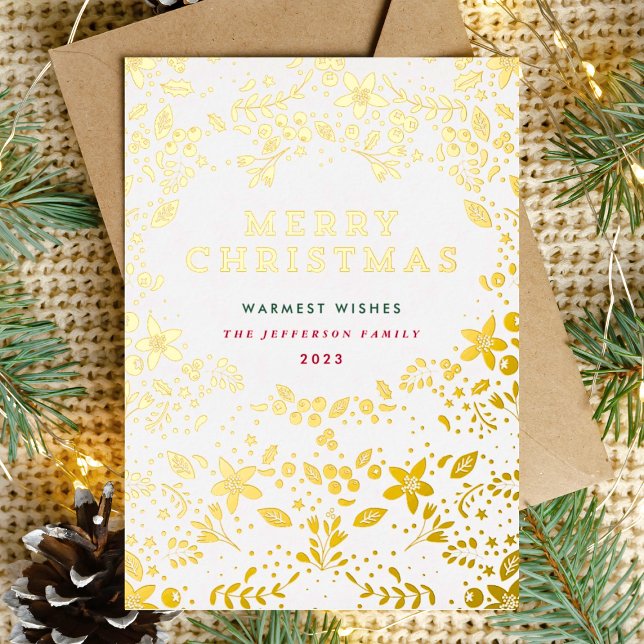 Gold Merry Christmas Florals Foil Holiday Card (Creator Uploaded)