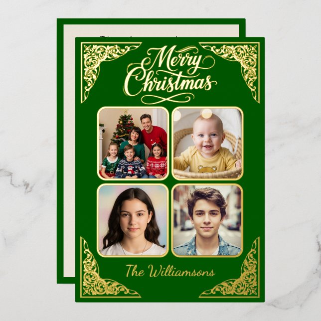 Gold Merry Christmas, four pictures, Purple, names Foil Holiday Card (Front/Back)
