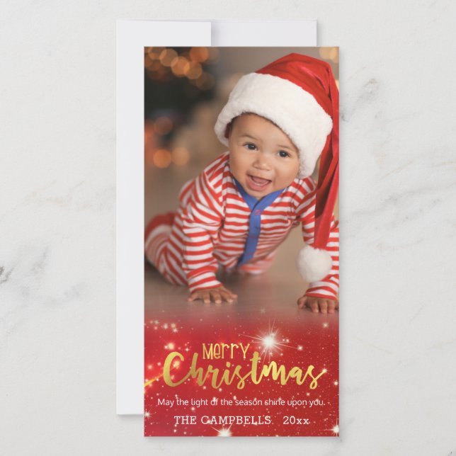 Gold Merry Christmas, Gold & White Lights Holiday Card (Front)