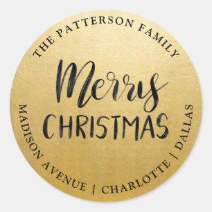 Gold Merry Christmas Handwritten Return Address Classic Round Sticker