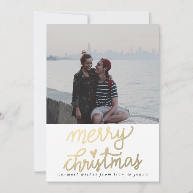 Gold Merry Christmas Handwritten Script Photo Holiday Card (Front)