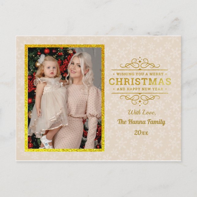 Gold Merry Christmas & Happy New Year & Snowflake Holiday Postcard (Front)