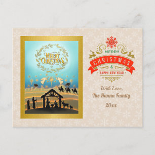 Gold Merry Christmas & Happy New Year & Snowflake Postcard
