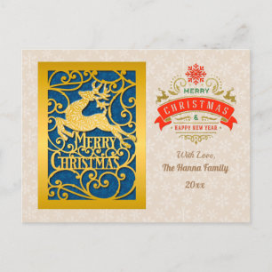 Gold Merry Christmas & Happy New Year & Snowflake Postcard