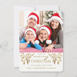 Gold Merry Christmas Holiday Holly Photo Card