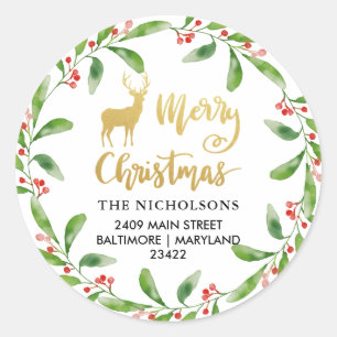 Gold Merry Christmas Holly Wreath   Return Address Classic Round Sticker