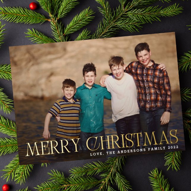 Gold Merry Christmas Landscape Family Photo Foil Holiday Card (Creator Uploaded)