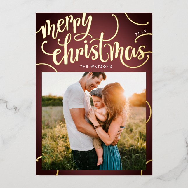 Gold Merry Christmas Letter Frame Gradient Photo Foil Holiday Card (Front)