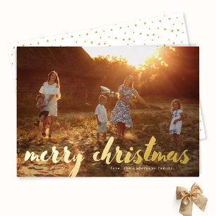 Gold Merry Christmas Lettering Family Photo Foil Holiday Card