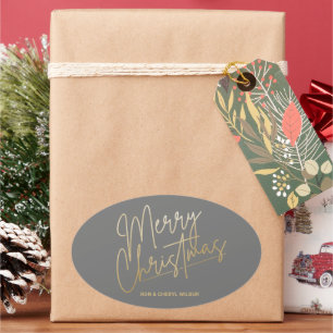 Gold Merry Christmas Luxe Grey Oval Sticker