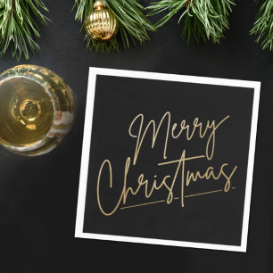 Gold Merry Christmas on Black Napkin