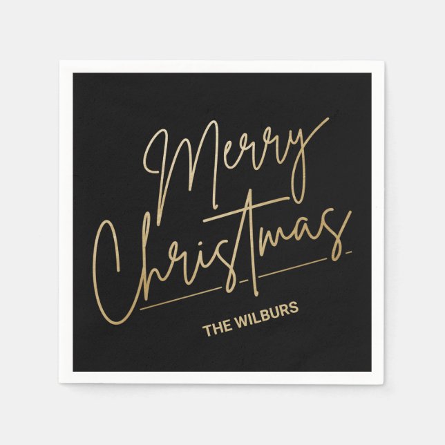 Gold Merry Christmas on Black Personalised Napkin (Front)