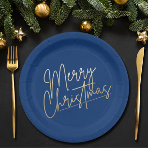 Gold Merry Christmas on Blue Paper Plate