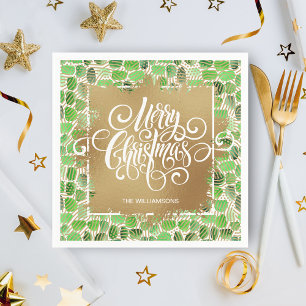 Gold Merry Christmas on Green Napkin