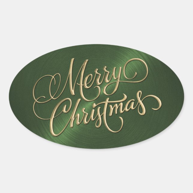 Gold Merry Christmas on Green Oval Sticker (Front)