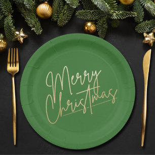 Gold Merry Christmas on Green Paper Plate