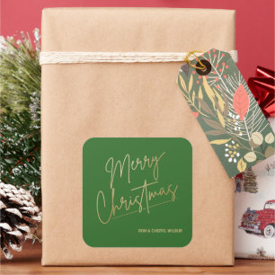 Gold Merry Christmas on Green Square Sticker