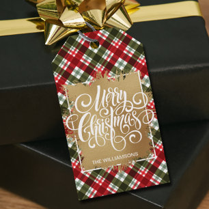 Gold Merry Christmas on Plaid Gift Tags