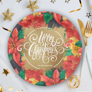 Gold Merry Christmas on Poinsettias Paper Plate