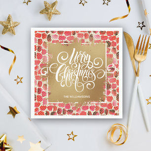 Gold Merry Christmas on Red Napkin
