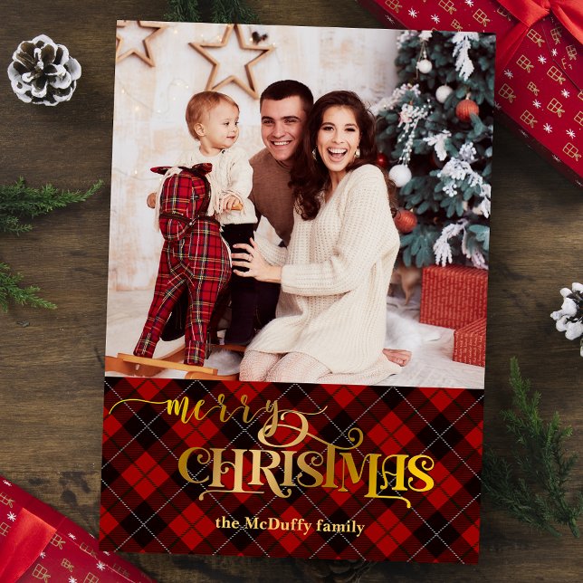 Gold Merry Christmas on Red Tartan Photo Foil Holiday Card (Creator Uploaded)