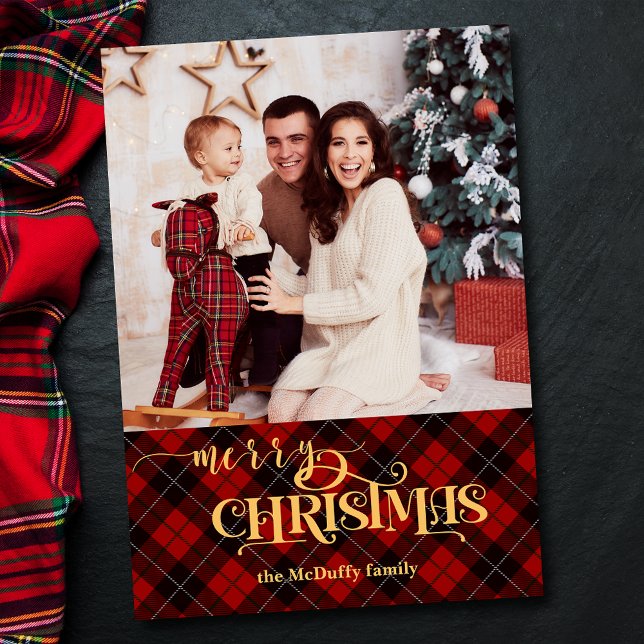 Gold Merry Christmas on Red Tartan Photo Holiday Card (Creator Uploaded)