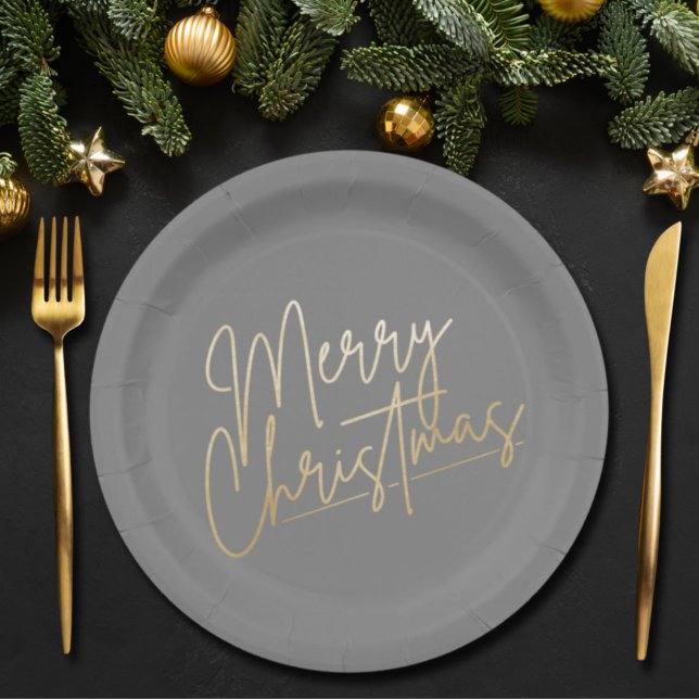 Gold Merry Christmas on Silver Gray Paper Plate (Creator Uploaded)