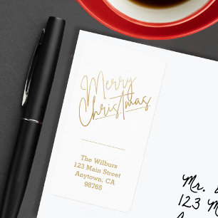 Gold Merry Christmas on White Return Address Label