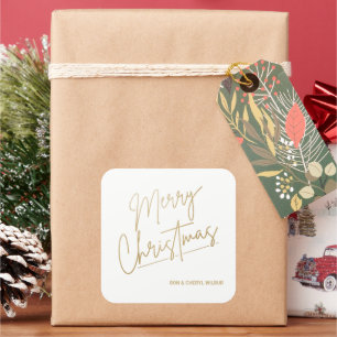 Gold Merry Christmas on White Square Sticker